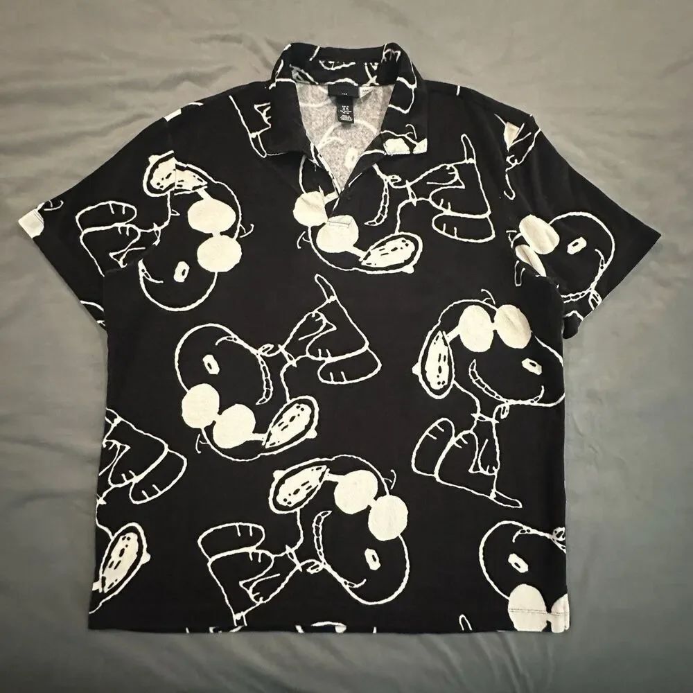 H&M Peanuts Snoopy Polo Mens XL All Over Print Black Short Sleeve Shirt Cotton